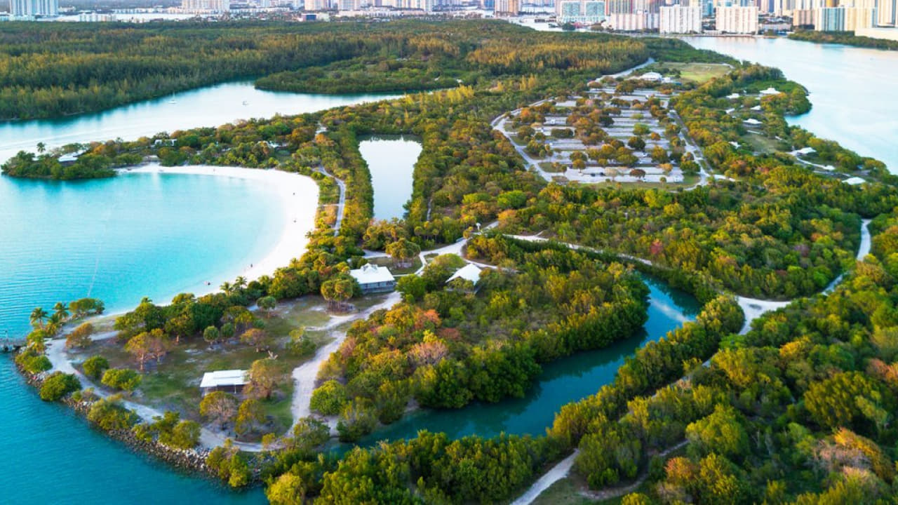 Oleta River State Park top view with a beach inside which is in miami