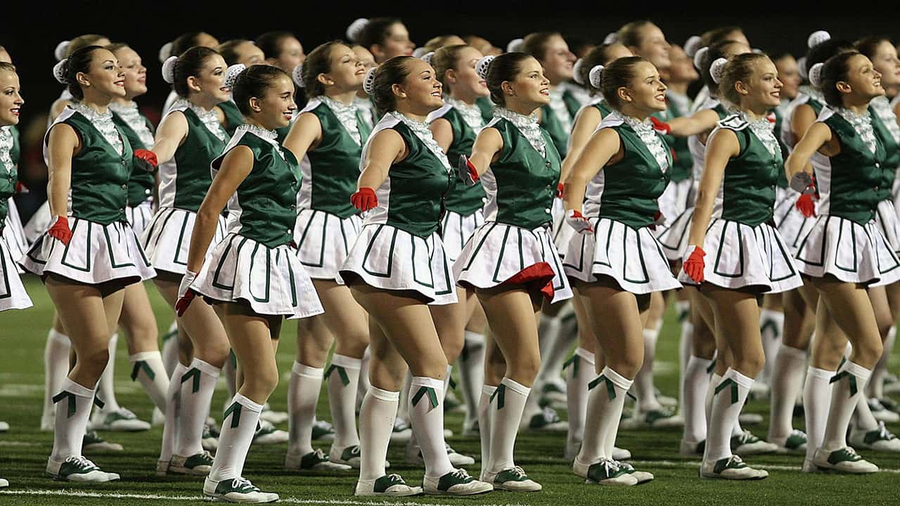 a team of nfl cheerleaders are performing on the green field