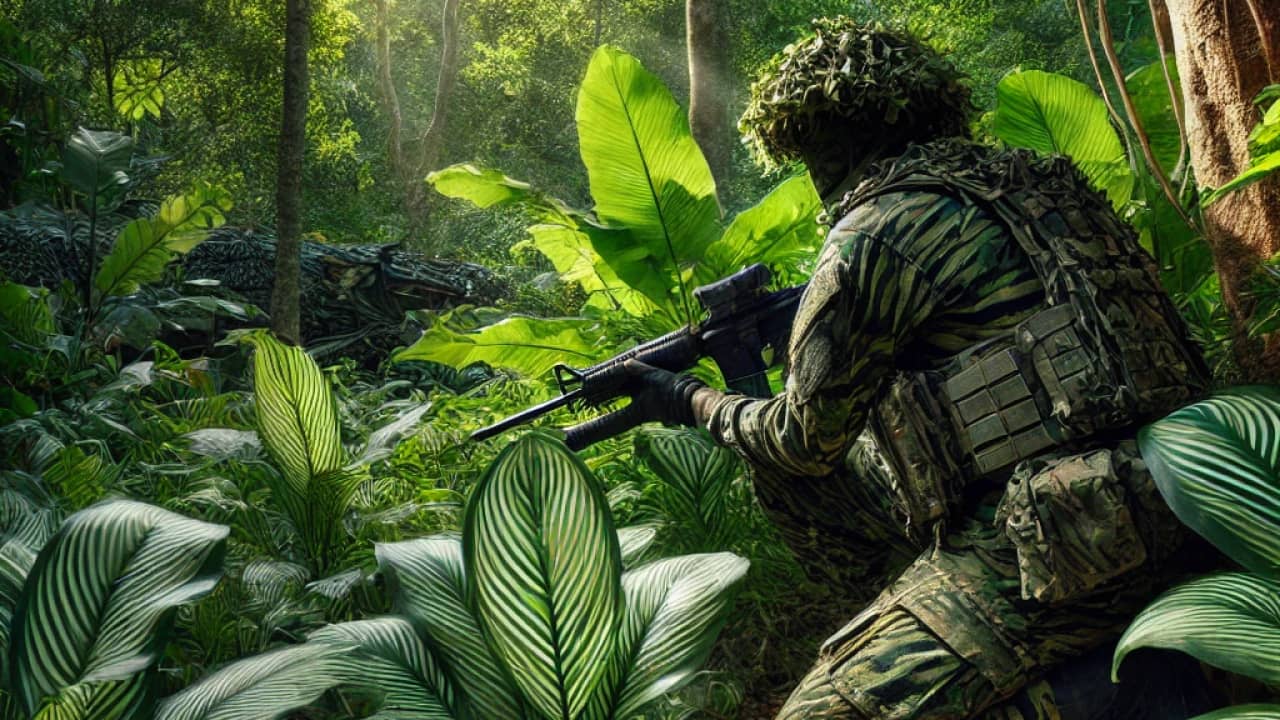 a soldier is wearing Tiger Stripe Camo in jungle