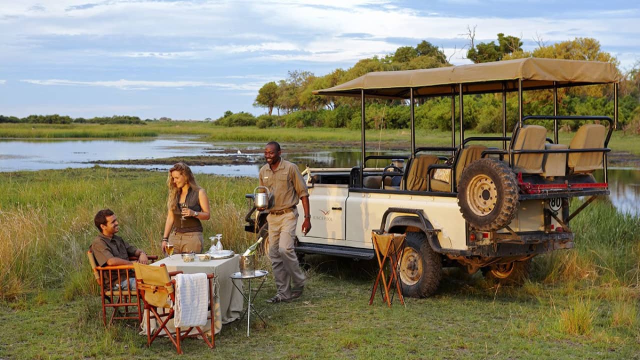 A newlywed couple spending their honeymoon on an african safari