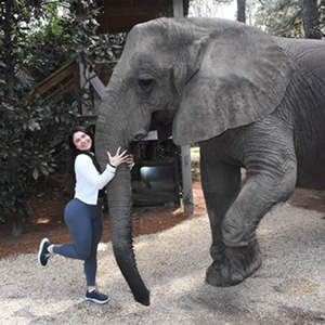 A girl is hugging an elephant during a daytime safari tour at myrtle beach safari