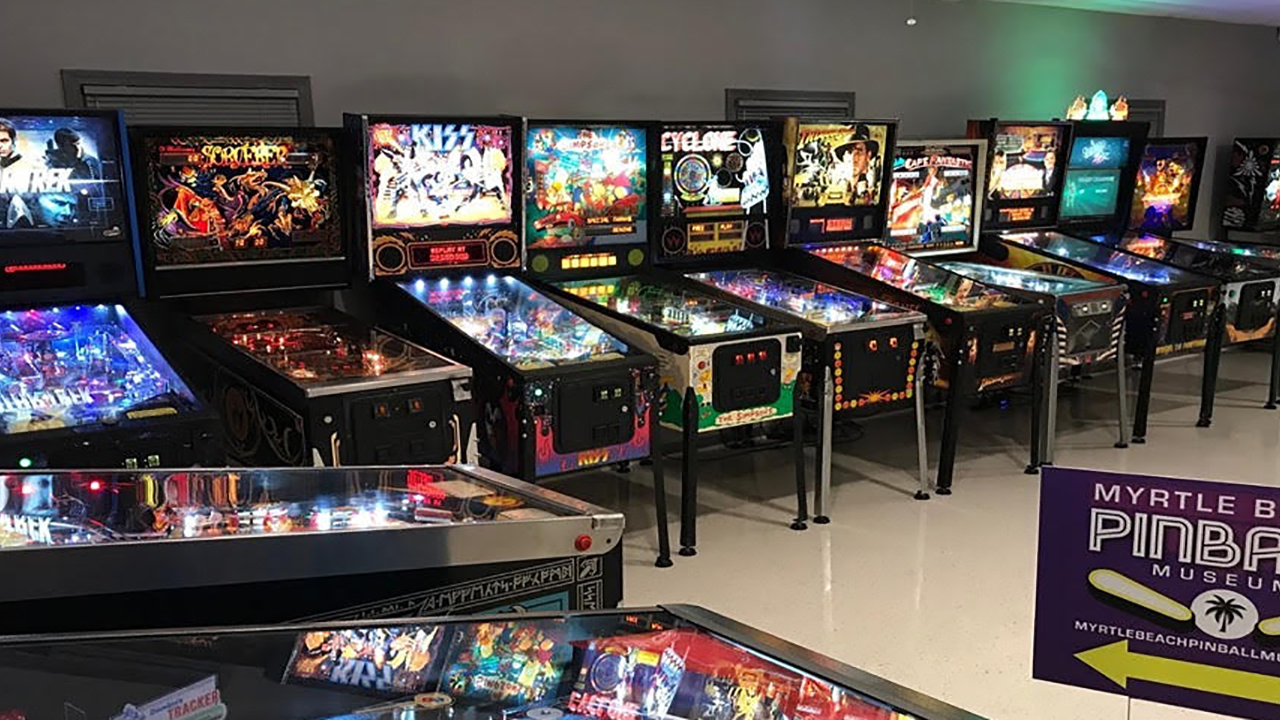 A variety of pinballs machine in a museum