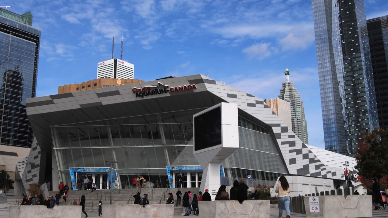 An outside view of Ripley's Aquarium, where many visitors are enjoying their time