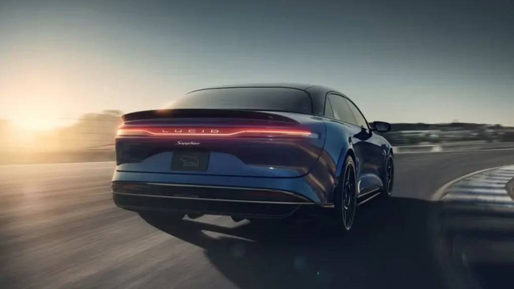 Lucid air sapphire back view which is an expensive electric vehicle